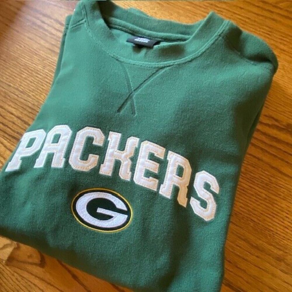 Mens Large L NFL Reebok Green Bay Packers Green Gold Long Sleeve Fleece Pullover
